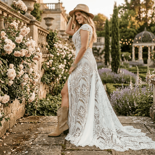 Dreamy Boho V-Neck Lace Wedding Dress - Diva Melody