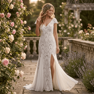 Dreamy Boho V-Neck Lace Wedding Dress - Diva Melody