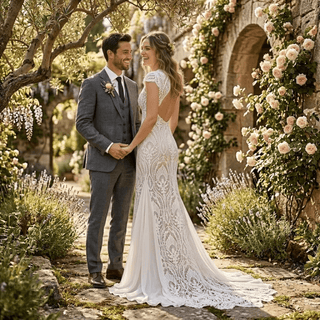 Dreamy Boho V-Neck Lace Wedding Dress - Diva Melody