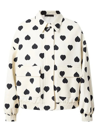 Elegant Black Polka Hearts Bomber Jacket - Diva Melody