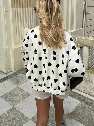 Elegant Black Polka Hearts Bomber Jacket - Diva Melody