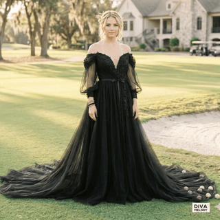 Elegant Black Puff Sleeves Wedding Dress - Diva Melody