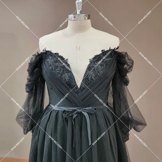 Elegant Black Puff Sleeves Wedding Dress - Diva Melody