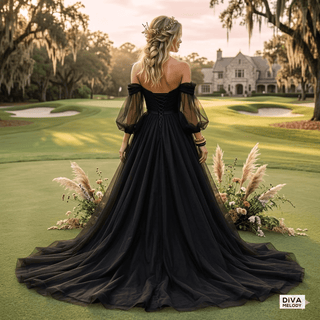 Elegant Black Puff Sleeves Wedding Dress - Diva Melody