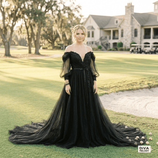 Elegant Black Puff Sleeves Wedding Dress - Diva Melody