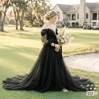 Elegant Black Puff Sleeves Wedding Dress - Diva Melody