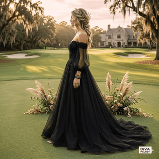 Elegant Black Puff Sleeves Wedding Dress - Diva Melody