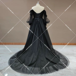 Elegant Black Puff Sleeves Wedding Dress - Diva Melody