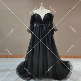 Elegant Black Puff Sleeves Wedding Dress - Diva Melody