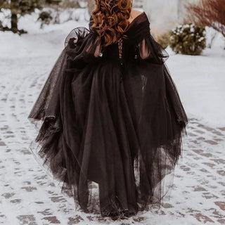 Elegant Black Puff Sleeves Wedding Dress - Diva Melody