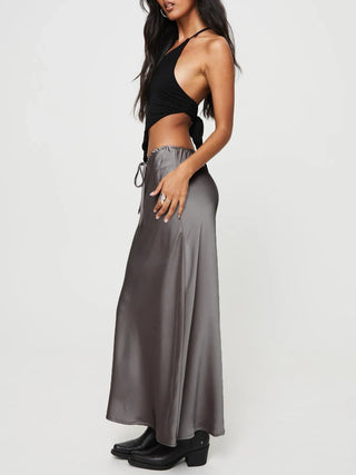 Elegant Black Satin A - Line Skirt - Diva Melody