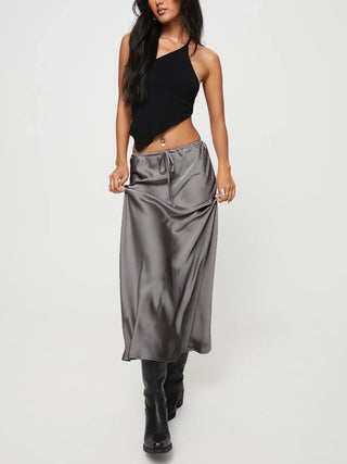 Elegant Black Satin A - Line Skirt - Diva Melody