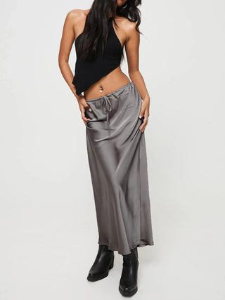 Elegant Black Satin A - Line Skirt - Diva Melody