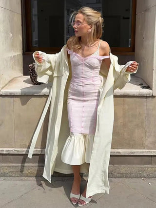Elegant Contrast Trim Sheer Overlay Midi Dress - Diva Melody