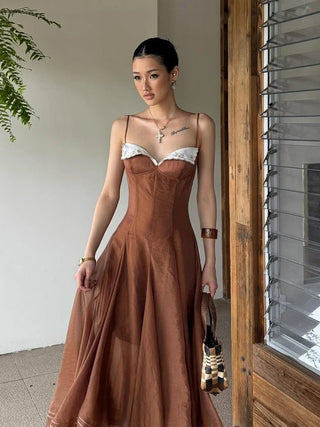 Elegant Contrast Trim Sheer Overlay Midi Dress - Diva Melody