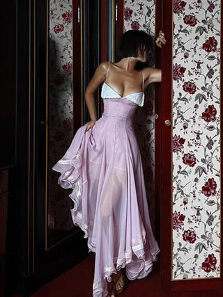 Elegant Contrast Trim Sheer Overlay Midi Dress - Diva Melody
