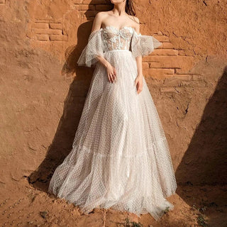 Elegant Dotted Mesh Lace Wedding Dress - Diva Melody