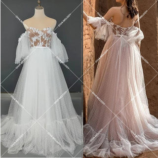 Elegant Dotted Mesh Lace Wedding Dress - Diva Melody