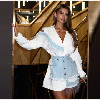 Elegant Frayed Blazer & Denim Skirt Set - Diva Melody