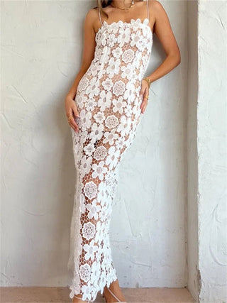 Elegant Lace Flower Hollow Out Long Sleeveless Beach Dress - Diva Melody