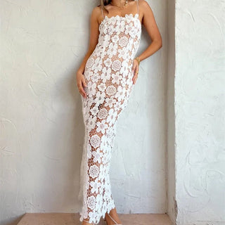 Elegant Lace Flower Hollow Out Long Sleeveless Beach Dress - Diva Melody