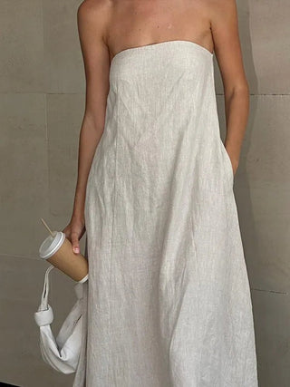 Elegant Linen Strapless Long Dress - Diva Melody