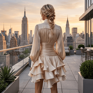 Elegant Long Sleeve Ruched Ruffle Mini Dress - Diva Melody