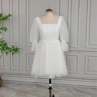 Elegant Pearls Tulle Mini Wedding Dress - Diva Melody