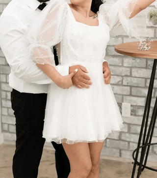 Elegant Pearls Tulle Mini Wedding Dress - Diva Melody