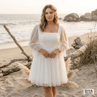 Elegant Pearls Tulle Mini Wedding Dress - Diva Melody