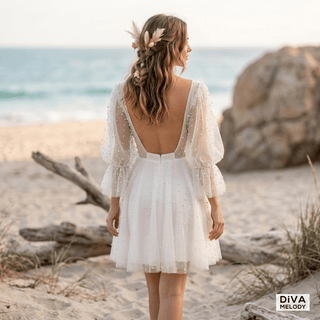 Elegant Pearls Tulle Mini Wedding Dress - Diva Melody