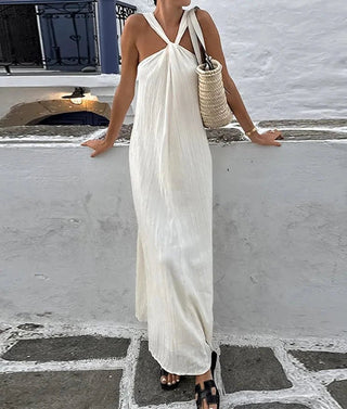 Elegant Pleated Loose Halter Long Dress - Diva Melody