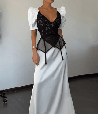 Elegant Puff Sleeve Black Lace Corset Maxi Dress - Diva Melody