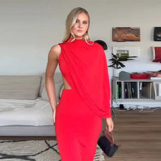 Elegant Red Asymmetrical Cape Maxi Dress - Diva Melody