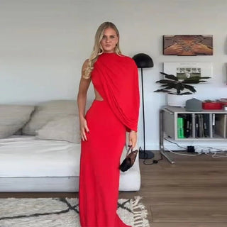 Elegant Red Asymmetrical Cape Maxi Dress - Diva Melody