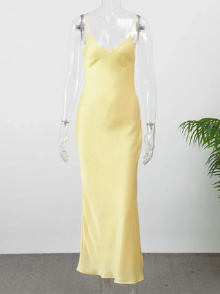 Elegant Satin V-Neck Backless Maxi Dress - Diva Melody