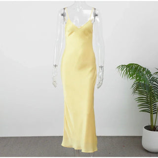 Elegant Satin V-Neck Backless Maxi Dress - Diva Melody