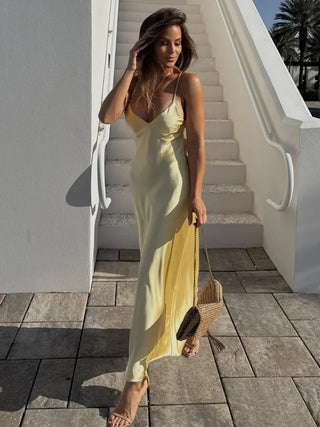 Elegant Satin V-Neck Backless Maxi Dress - Diva Melody