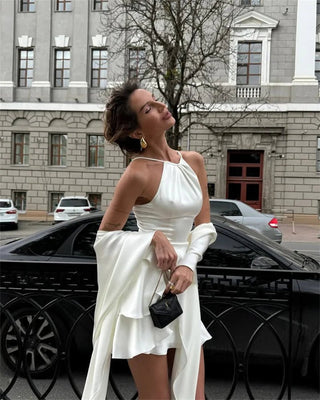 Elegant Shawl Sleeve Ruffle Mini Dress - Diva Melody