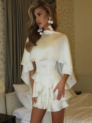 Elegant Shawl Sleeve Ruffle Mini Dress - Diva Melody