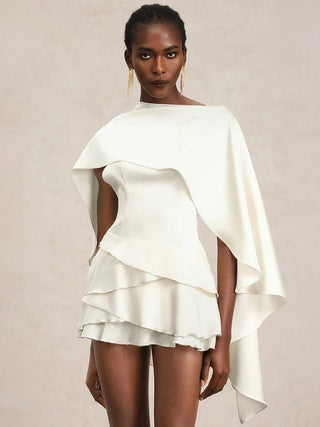 Elegant Shawl Sleeve Ruffle Mini Dress - Diva Melody