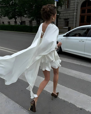 Elegant Shawl Sleeve Ruffle Mini Dress - Diva Melody