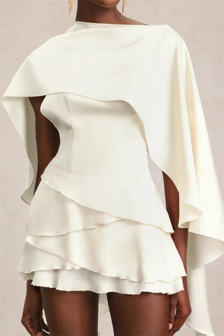 Elegant Shawl Sleeve Ruffle Mini Dress - Diva Melody