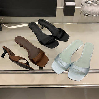 Elegant Silk Slip - On Slides Low Thin Heel Sandals - Diva Melody