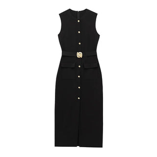 Elegant Sleeveless Belted Mid - Calf Dress - Diva Melody