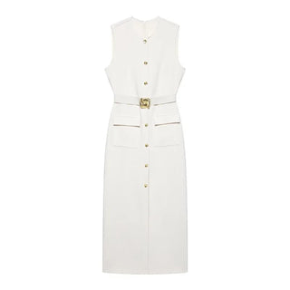 Elegant Sleeveless Belted Mid - Calf Dress - Diva Melody