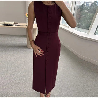 Elegant Sleeveless Belted Mid - Calf Dress - Diva Melody