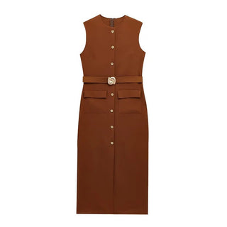 Elegant Sleeveless Belted Mid - Calf Dress - Diva Melody