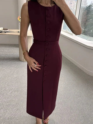 Elegant Sleeveless Belted Mid - Calf Dress - Diva Melody