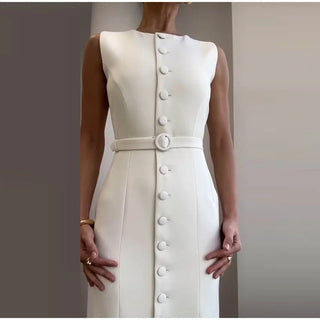 Elegant Sleeveless Belted Mid - Calf Dress - Diva Melody